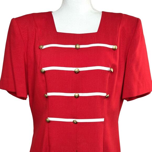 Vintage Danny & Nicole Size 12 Red Double Breasted Military Style Shift Dress - Picture 3 of 10